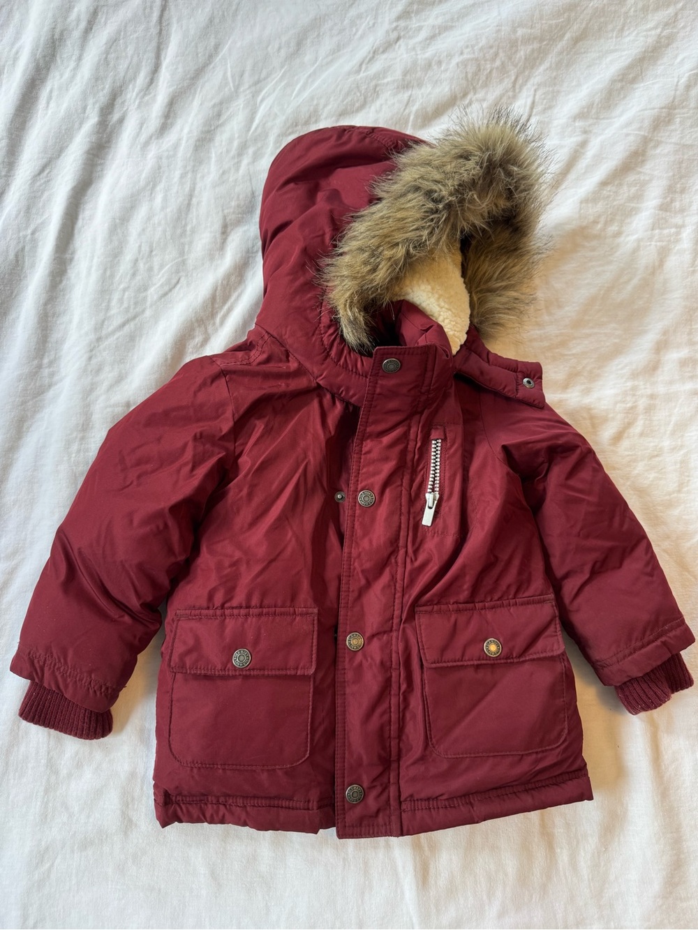 Old Navy Burgundy Puffer Parka with Faux Fur Hood